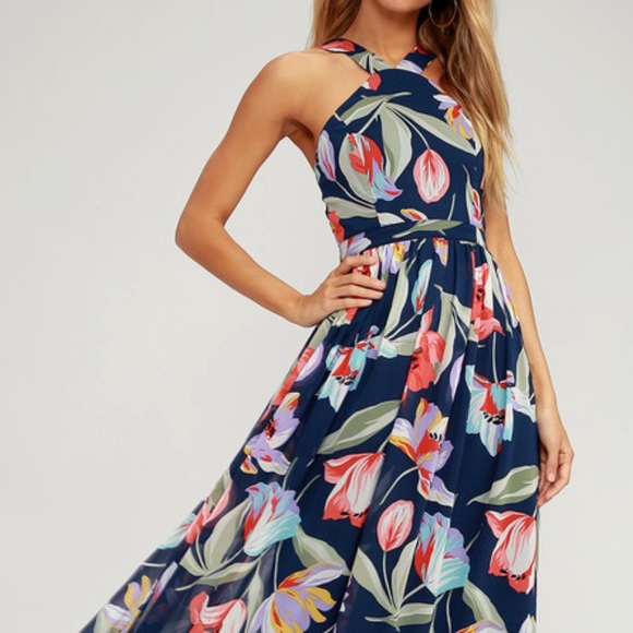 blue floral print maxi dress